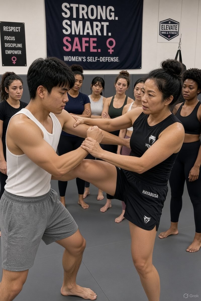 A mentor demonstrating a close-range kick with a Lotus Guard