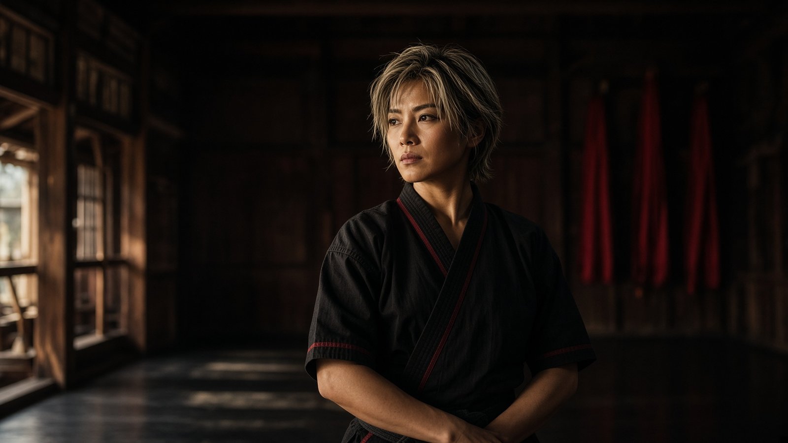 Crimson Lotus practitioner in a darkened dojo