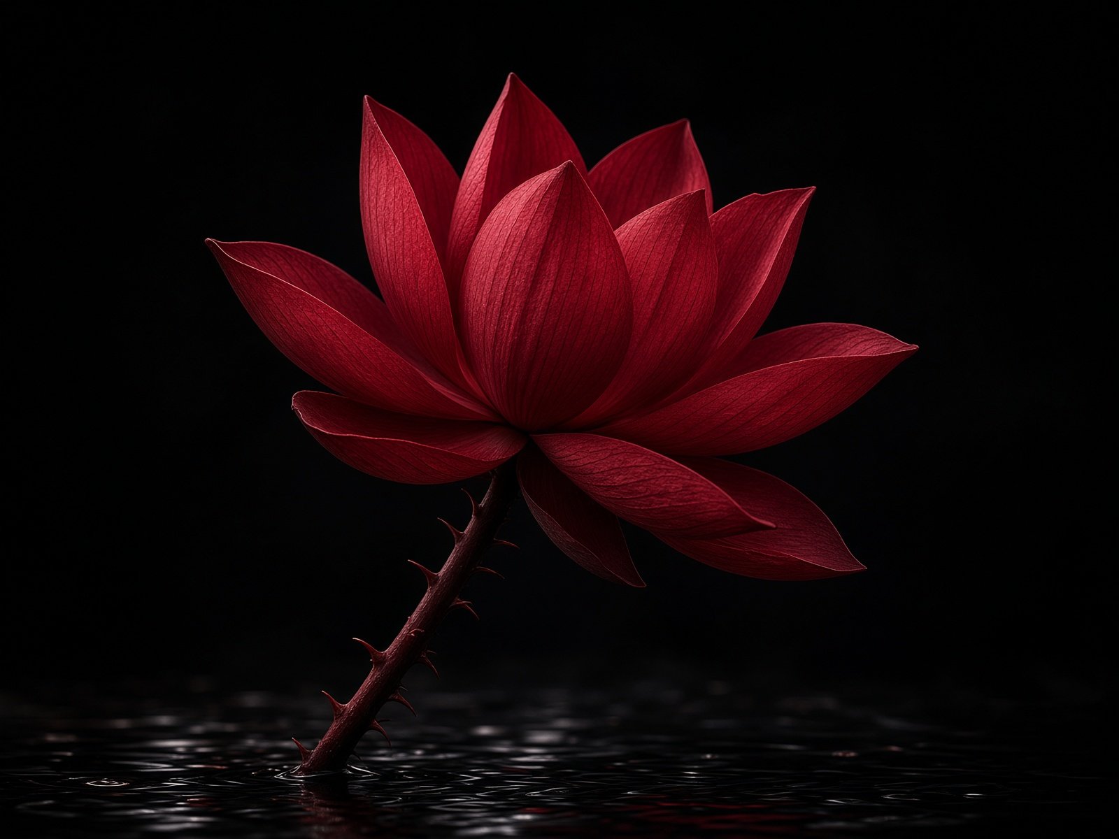 A crimson lotus in dark water